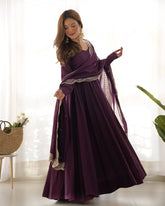 Divine Purple Heavy Roman Silk Chanderi Anarkali Gown